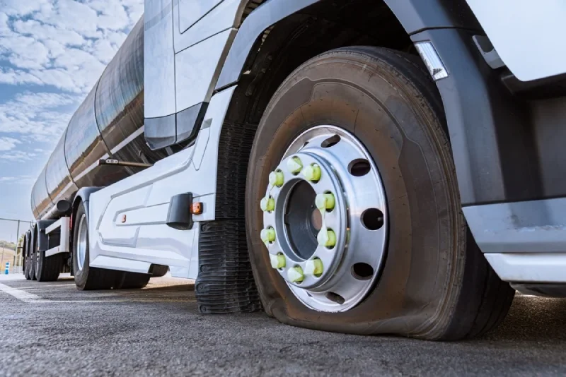 A low-angle close-up of a flat tire on a commercial semi-trailer truck.
