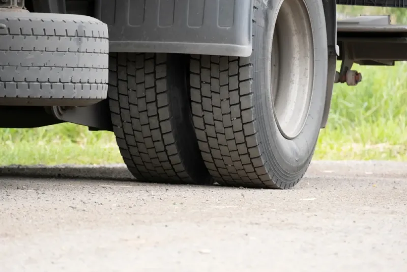 A low-angle shot focusing on the rear wheels of a heavy-duty vehicle, likely a truck or trailer.